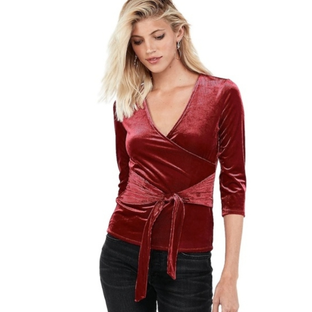 NEW Express Ribbed Velvet Tie Front Surplice Top Red Womens Size XS